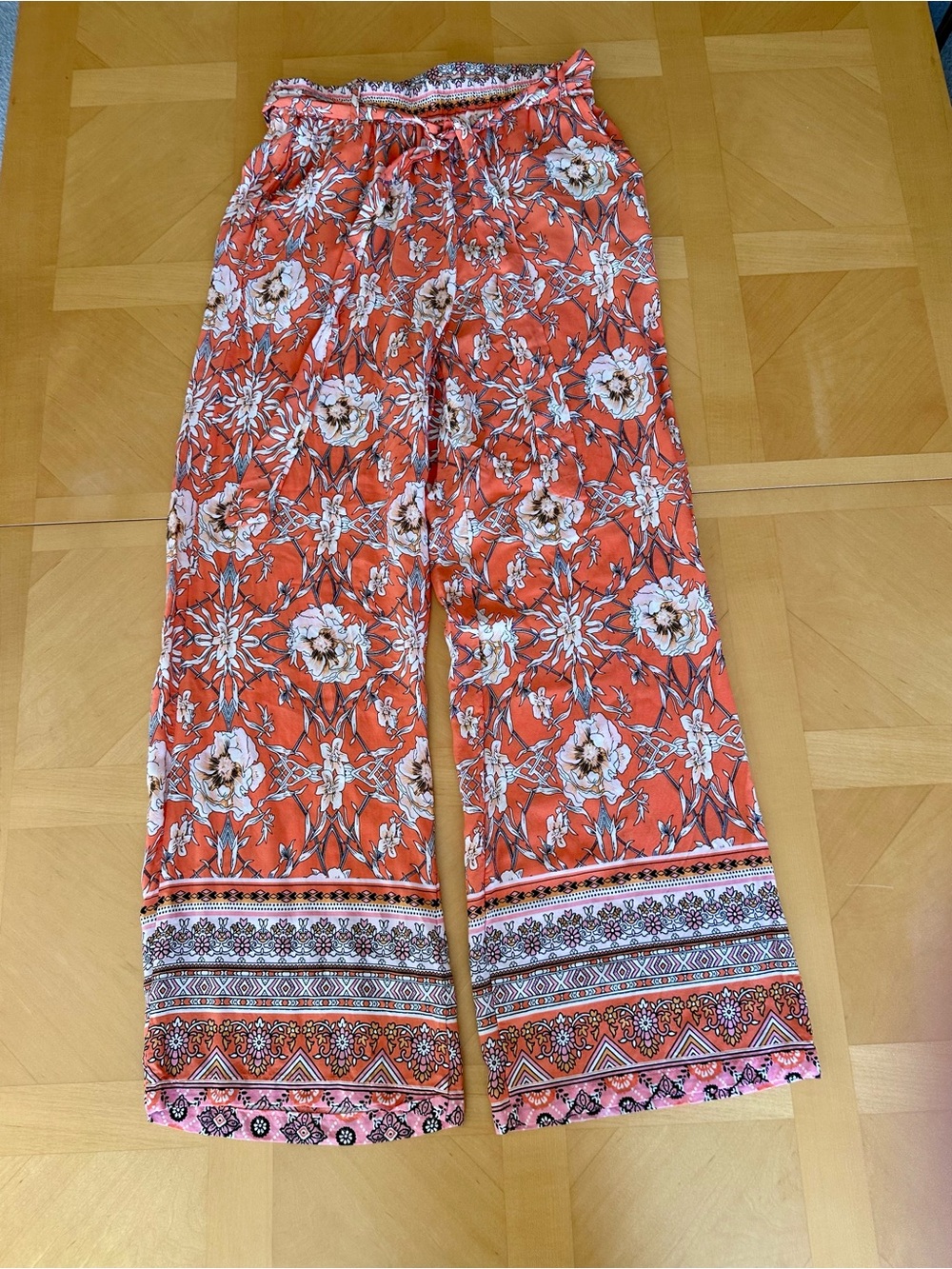 SHEIN Orange Boho Floral Wide Leg Pants |Smocked Drawstring Waist Pockets M(6)